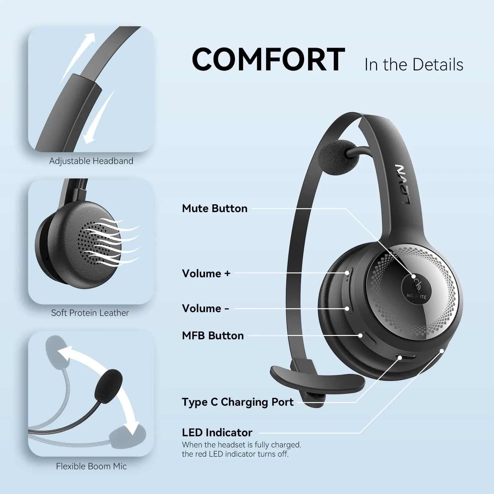 LEVN Bluetooth Headset with Microphone & Mute Button, 60Hrs Talk Time, On-Ear AI Noise Cancelling Headphones | Bluetooth 5.2 Multipoint - view 6