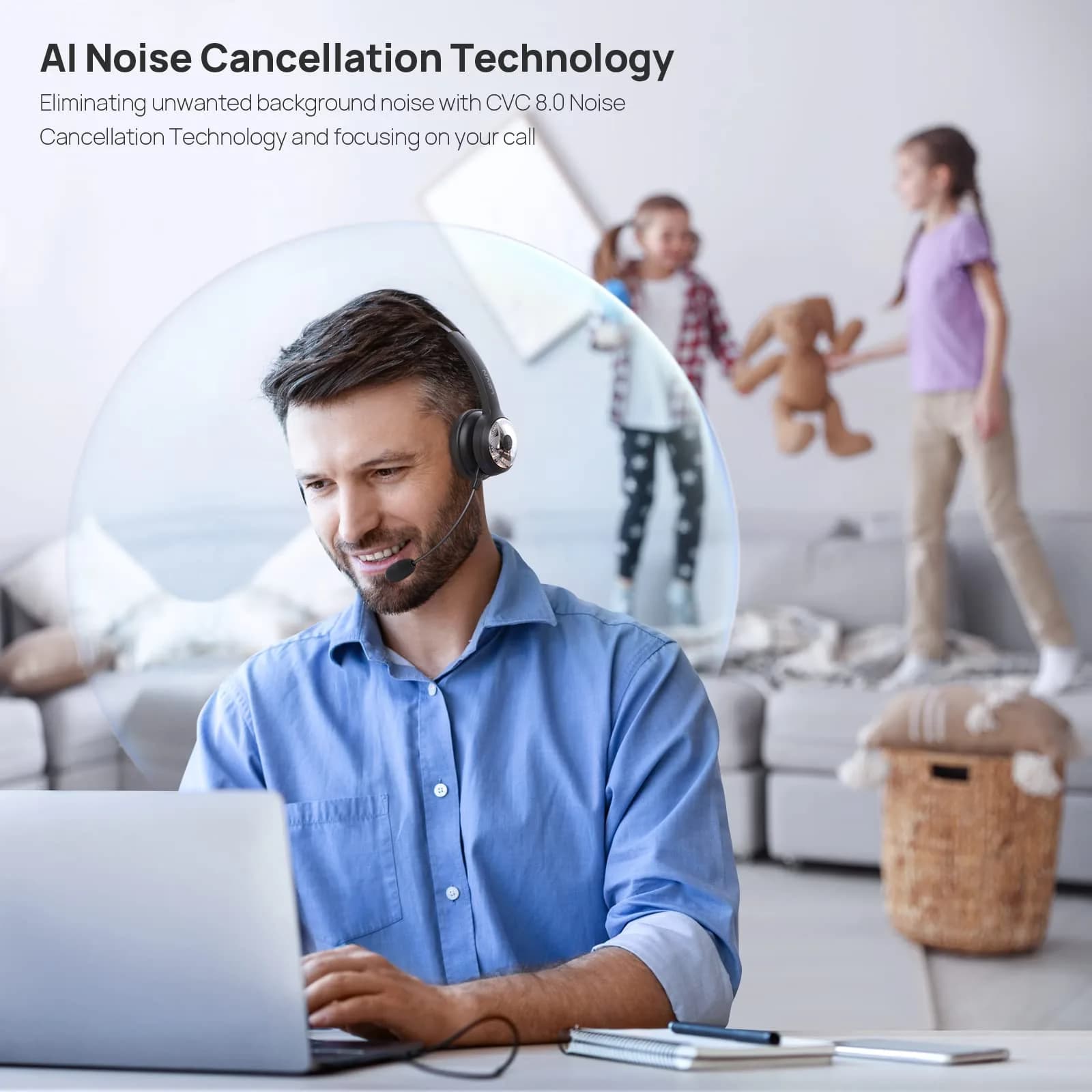 LEVN Bluetooth Headset with Microphone & Mute Button, 60Hrs Talk Time, On-Ear AI Noise Cancelling Headphones | Bluetooth 5.2 Multipoint - view 2
