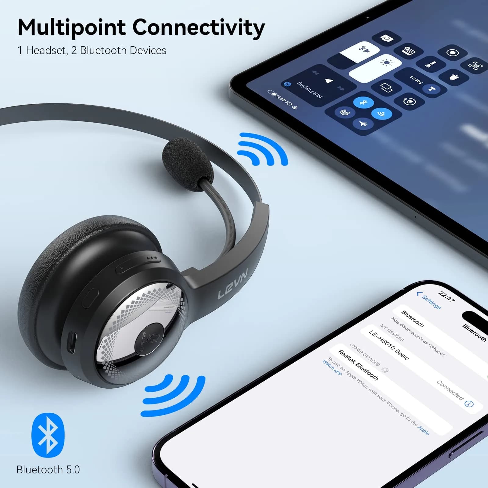 LEVN Bluetooth Headset with Microphone & Mute Button, 60Hrs Talk Time, On-Ear AI Noise Cancelling Headphones | Bluetooth 5.2 Multipoint - view 4