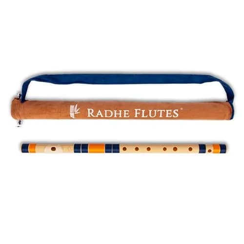 Radhe Flutes C Natural Bansuri | 51cm (20.1in) | Tuned A=440Hz, PVC Fiber, Dark Blue & Orange Threads — Beige Flute With Dark Blue & Orange Threads