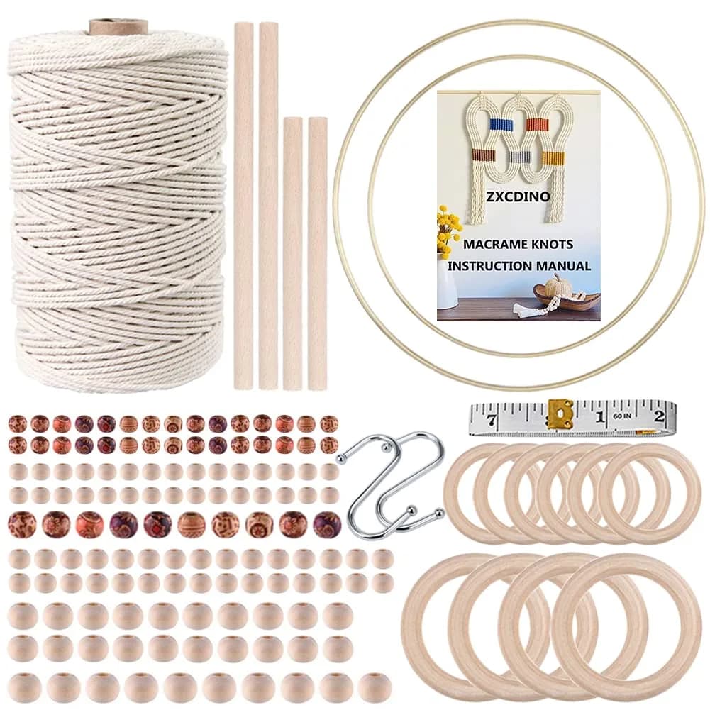 ZXCDINO 152pcs Macrame Kit for Beginners: Natural Cotton Cord, Wooden & Metal Rings, Beads & Hoops for Home Decor