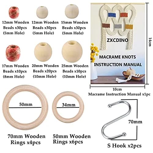 ZXCDINO 152pcs Macrame Kit for Beginners: Natural Cotton Cord, Wooden & Metal Rings, Beads & Hoops for Home Decor thumbnail 3