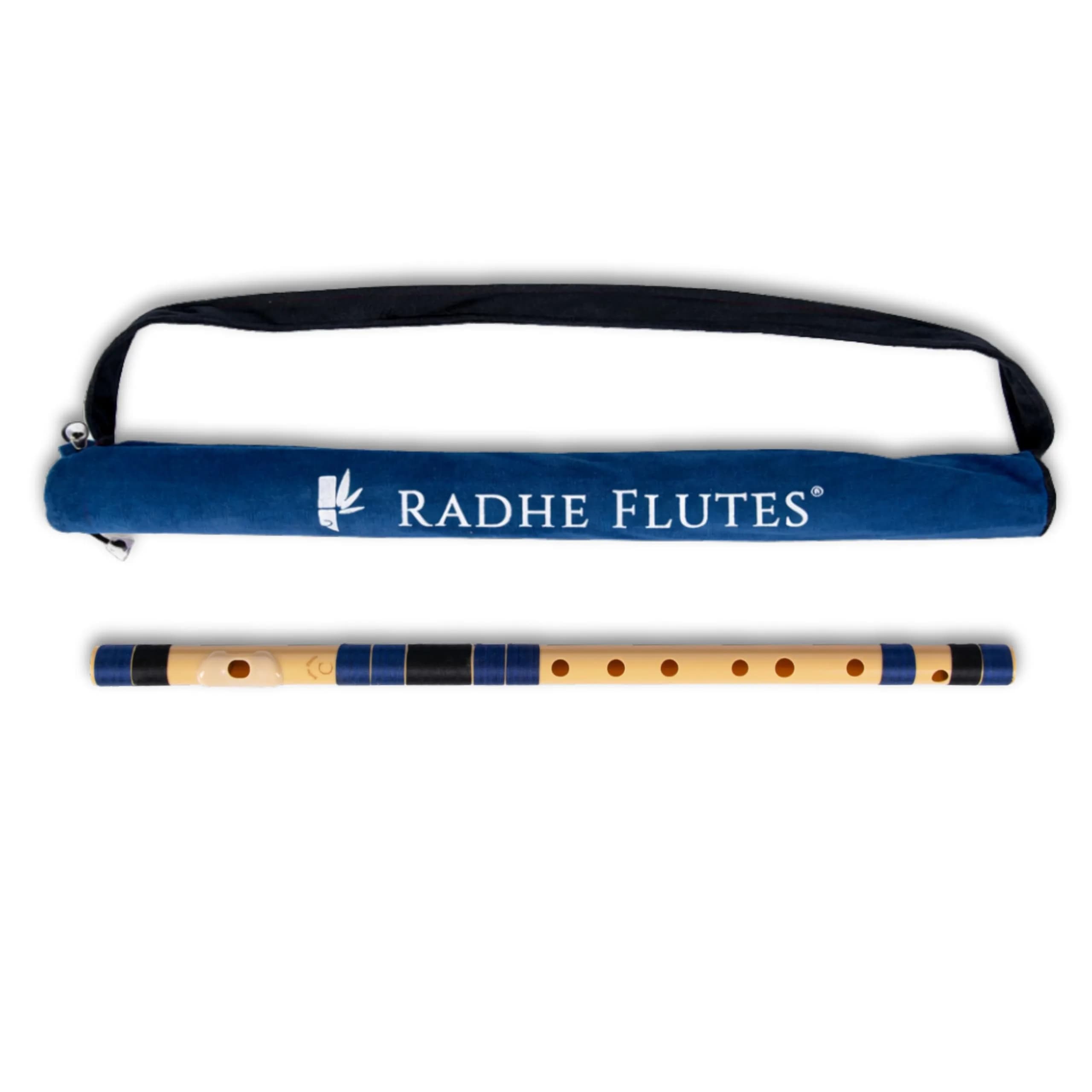 Radhe Flutes C Natural Bansuri | 49cm (19.3in) | Tuned to A=440Hz | PVC Fiber with Velvet Cover — Beige Flute With Dark Blue & Black Threads