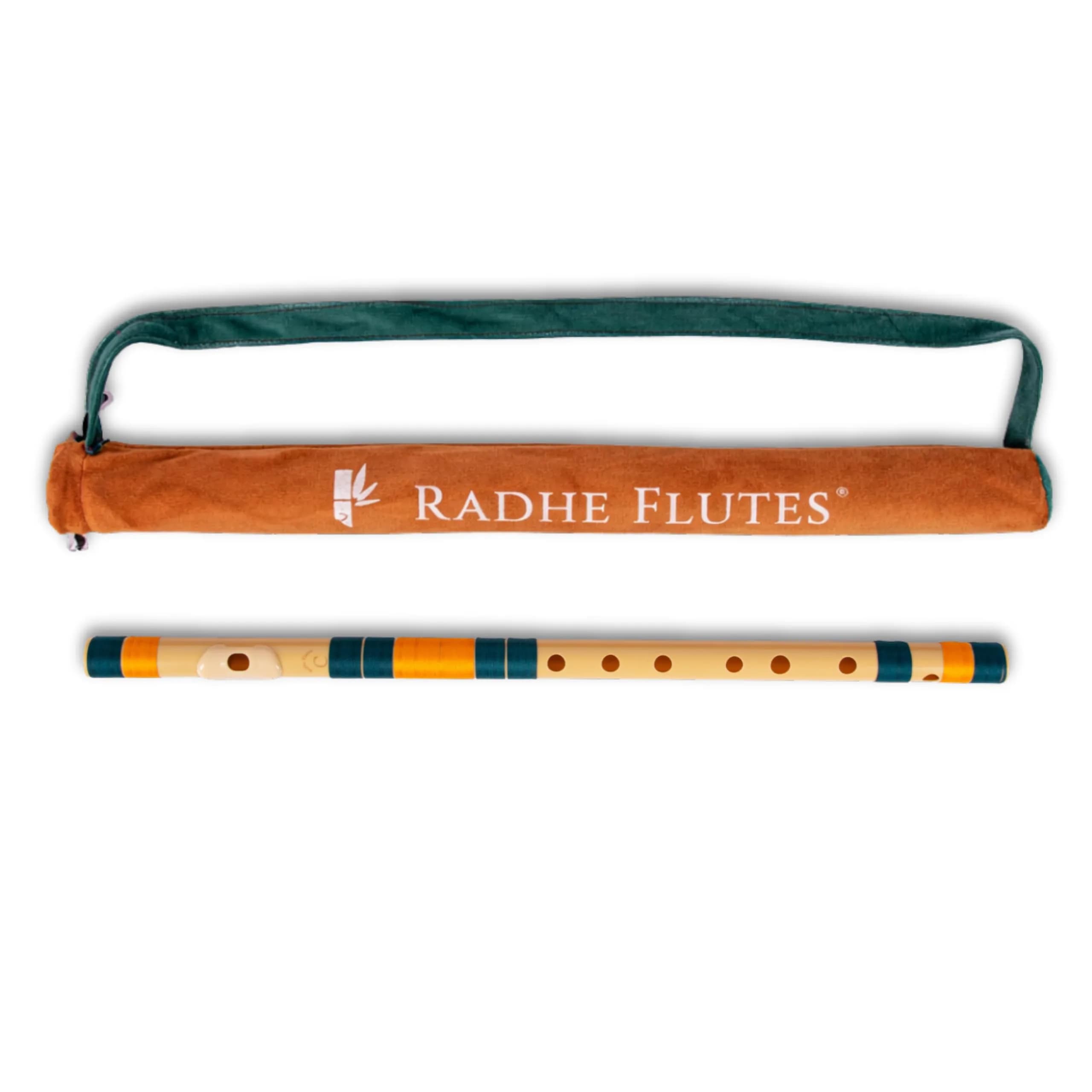 Radhe Flutes PVC Fiber C Natural Bansuri 49cm (19.3in) | Beginner Flute with Online Course — Dark Green & Orange Threads