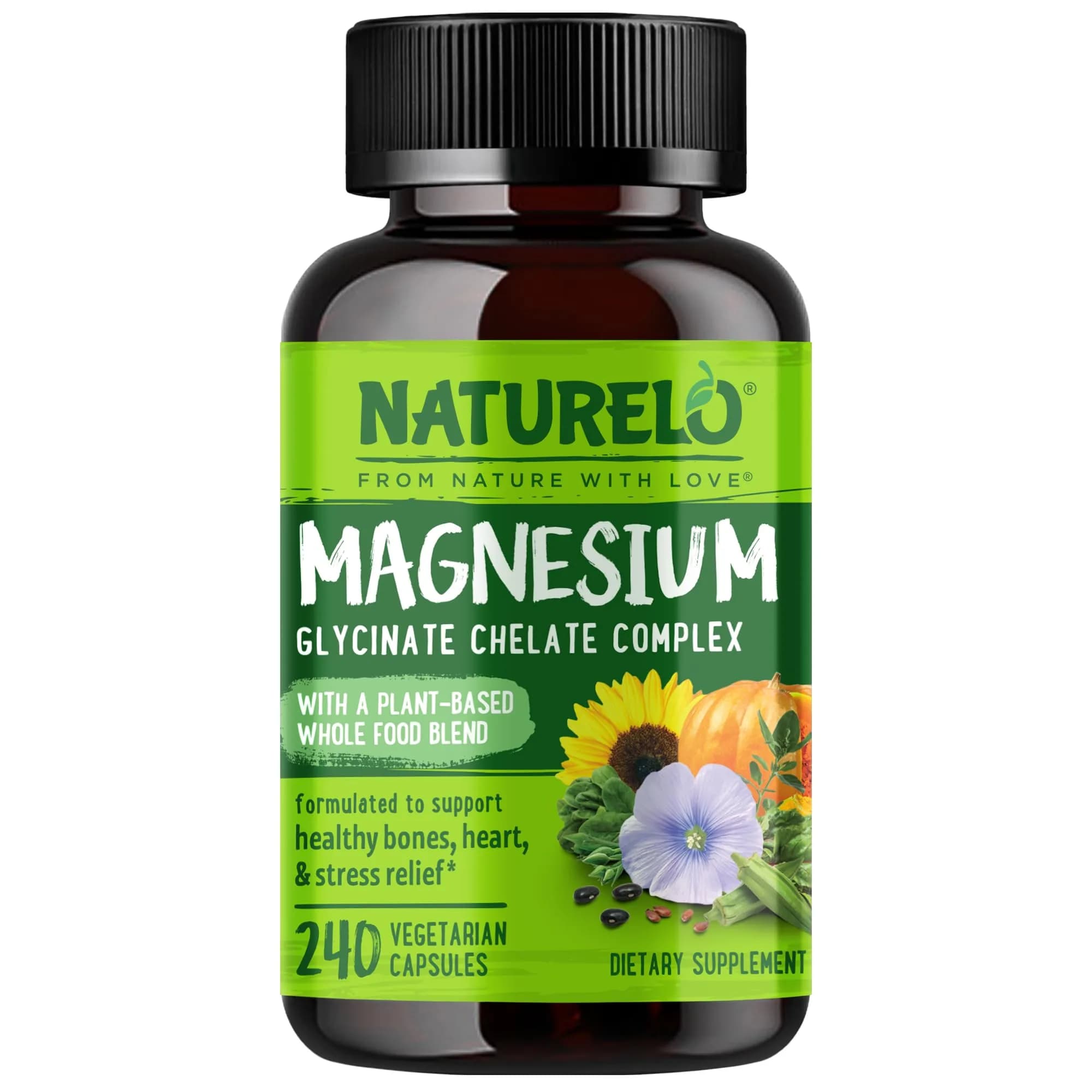 NATURELO Magnesium Glycinate Chelate Complex 200 mg 240 Count | Supports Sleep, Calm, Muscle Relief with Organic Vegetables - main product image