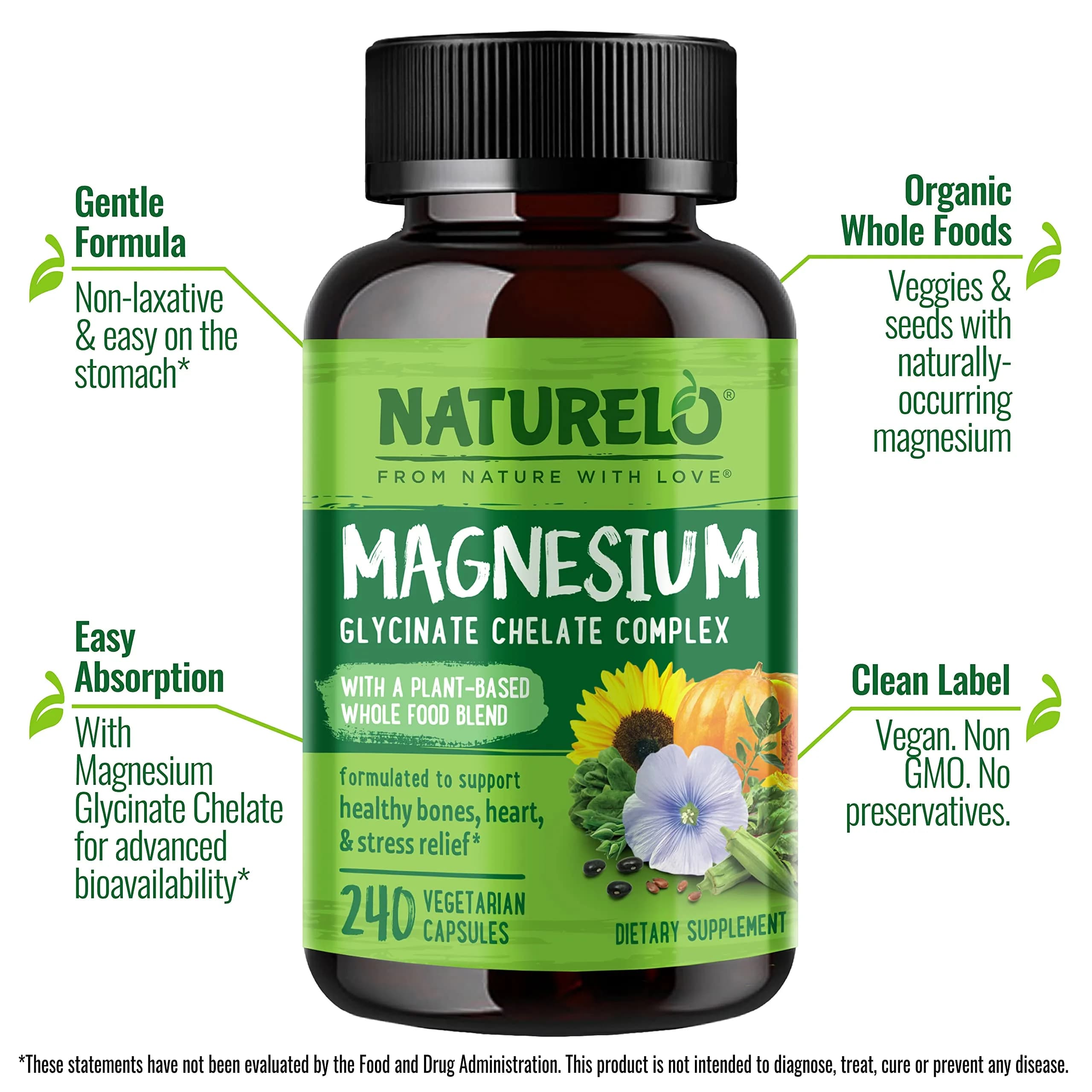 NATURELO Magnesium Glycinate Chelate Complex 200 mg 240 Count | Supports Sleep, Calm, Muscle Relief with Organic Vegetables - view 2