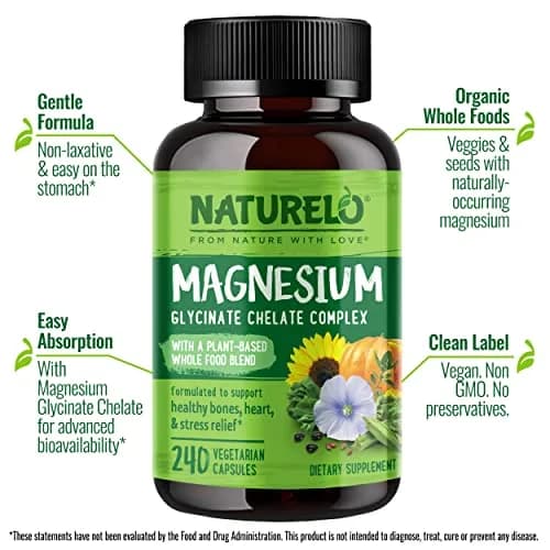 NATURELO Magnesium Glycinate Chelate Complex 200 mg 240 Count | Supports Sleep, Calm, Muscle Relief with Organic Vegetables thumbnail 2