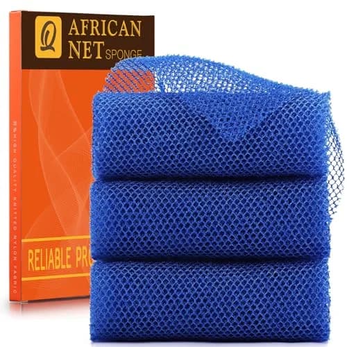 UJFQBH African Net Bath Sponge 80cm (31.5in) | Exfoliating Body Scrubber for Daily Use (Blue, 3-Pack) thumbnail 1