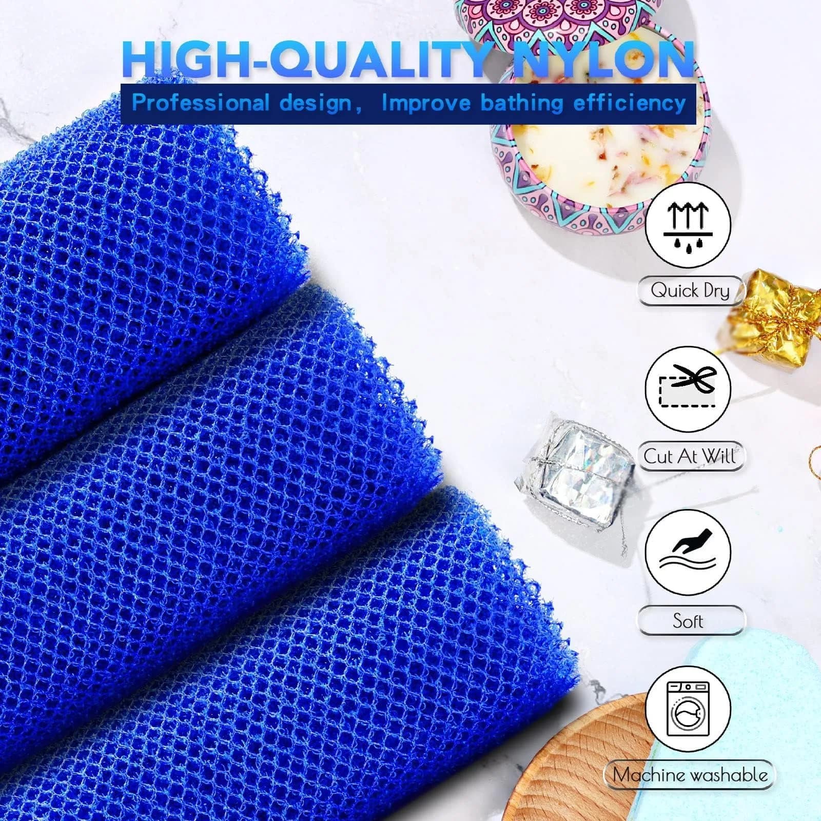 UJFQBH African Net Bath Sponge 80cm (31.5in) | Exfoliating Body Scrubber for Daily Use (Blue, 3-Pack) - view 4