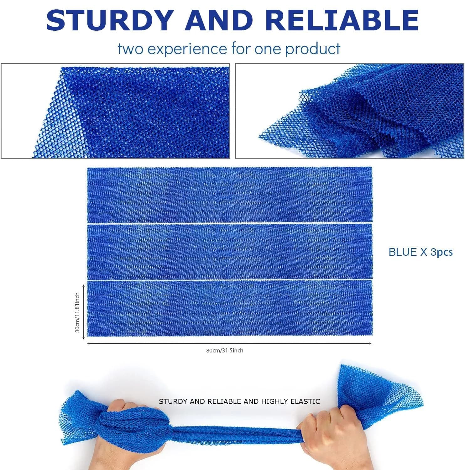UJFQBH African Net Bath Sponge 80cm (31.5in) | Exfoliating Body Scrubber for Daily Use (Blue, 3-Pack) - view 3