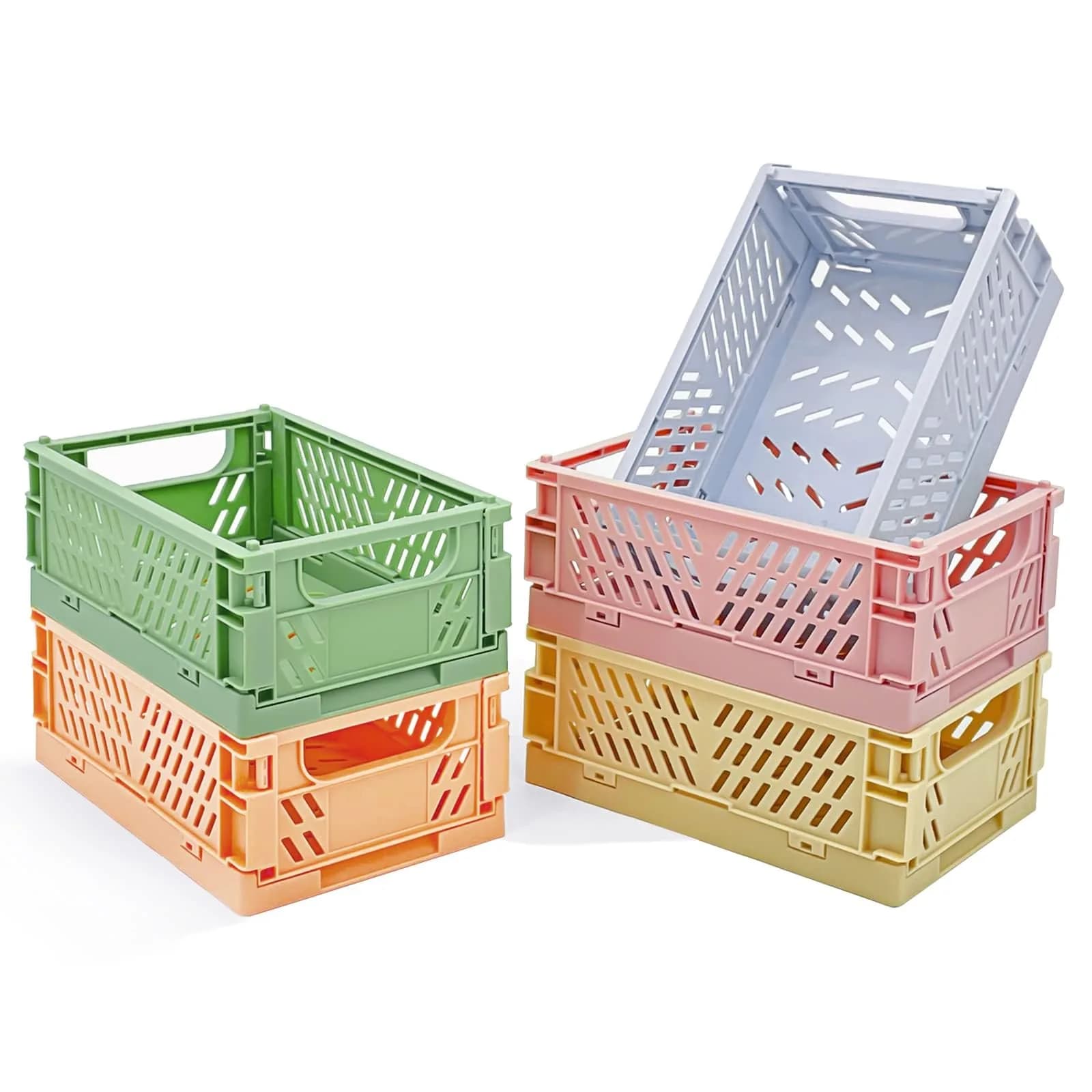 MONKISS 5-Pack Small Foldable Storage Bins, Stackable Mini Plastic Storage Crates 15.9cm (6.26") x 9.65cm (3.8") x 5.59cm (2.2") | Pastel Colors for Desk Organization — Cream White, Avocado Green, Light Blue, Light Pink, Orange