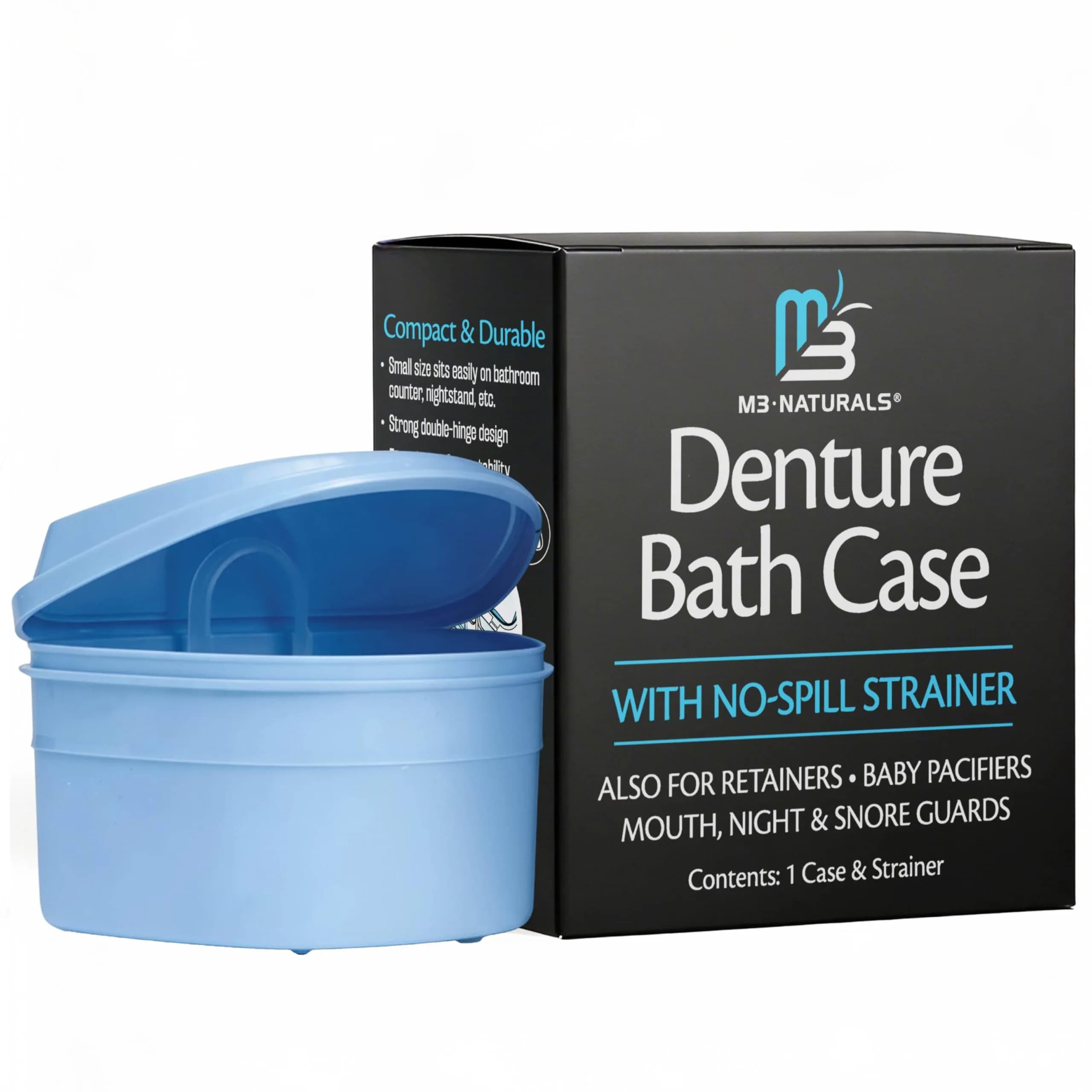M3 Naturals Denture Bath Case and Retainer Case with Strainer, Blue, Portable Spill-Free for Invisalign, Mouthguards, Dentures (1 Count) - view 2