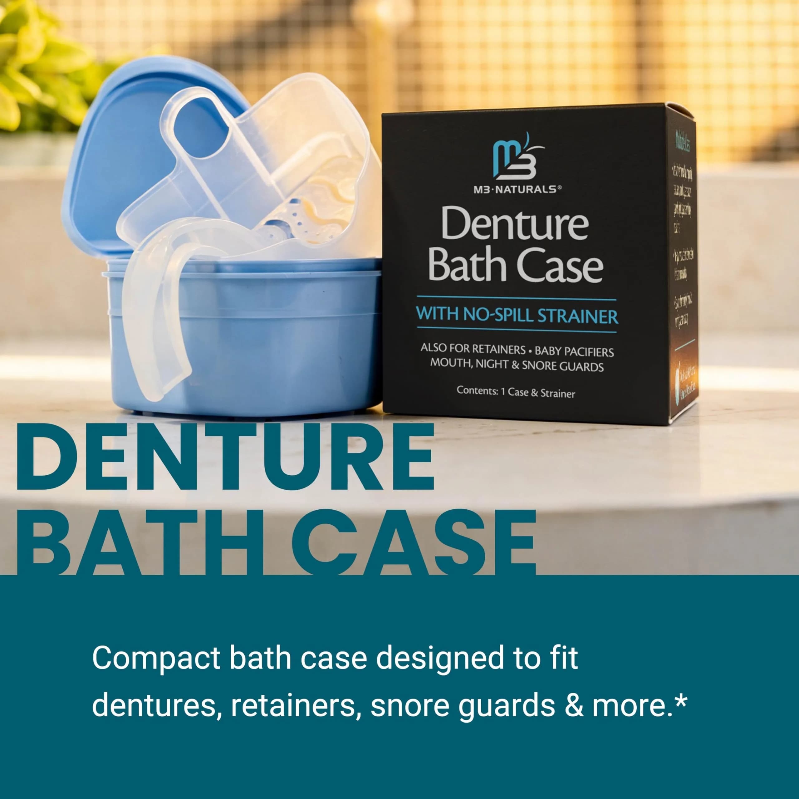 M3 Naturals Denture Bath Case and Retainer Case with Strainer, Blue, Portable Spill-Free for Invisalign, Mouthguards, Dentures (1 Count) - view 4