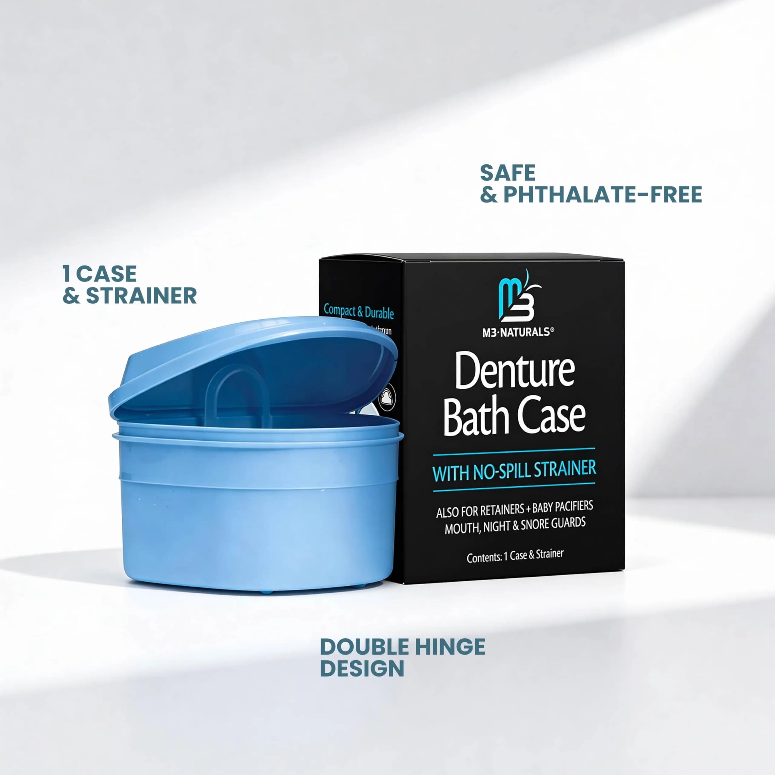 M3 Naturals Denture Bath Case and Retainer Case with Strainer, Blue, Portable Spill-Free for Invisalign, Mouthguards, Dentures (1 Count) - view 9