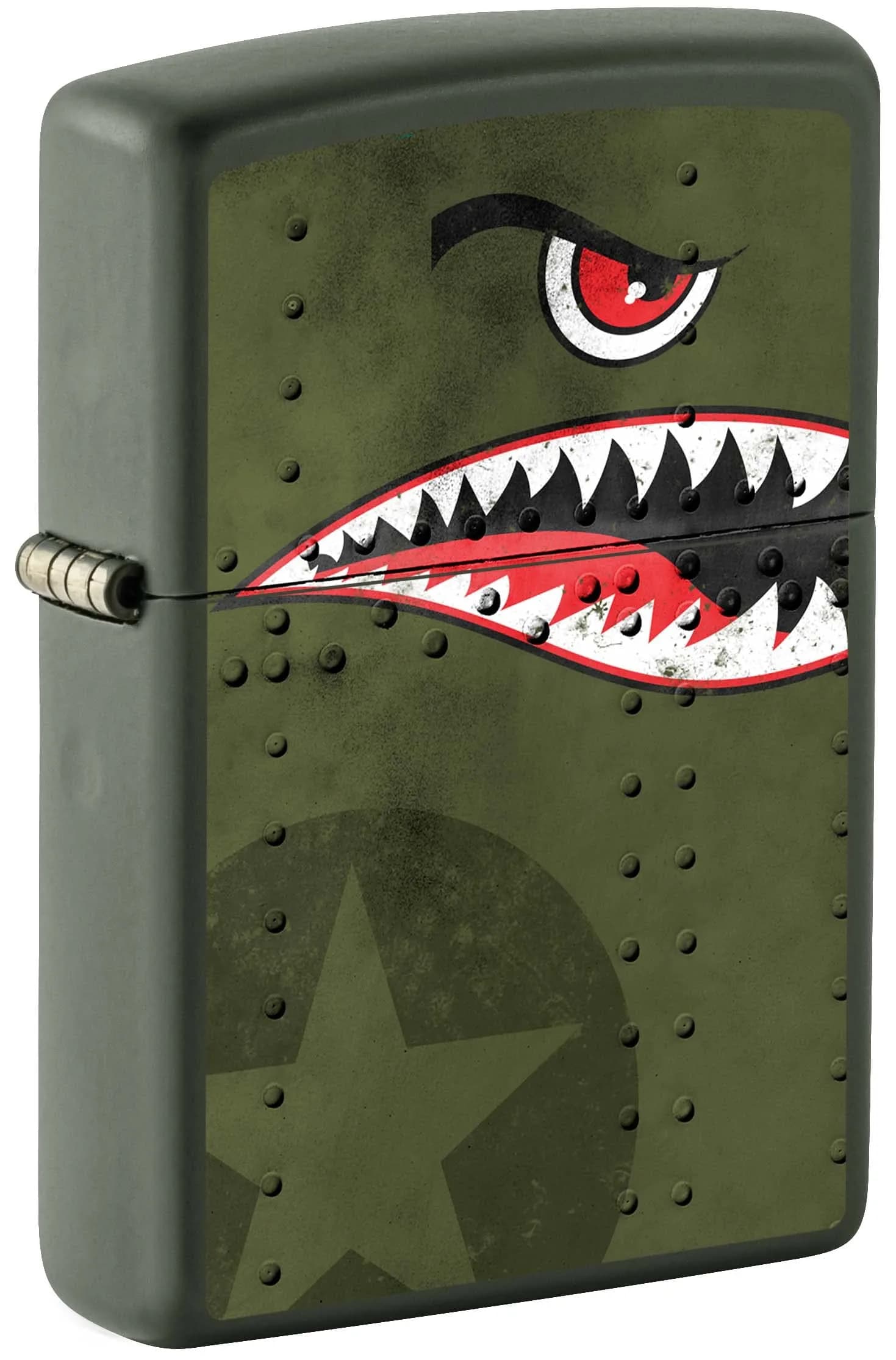 Zippo Fighter Plane Nose Art Shark Teeth Green Matte Lighter 3.65 cm (1.44 in) x 5.71 cm (2.25 in) x 1.27 cm (0.5 in) | Windproof Metal Construction — Green Matte, Shark Teeth