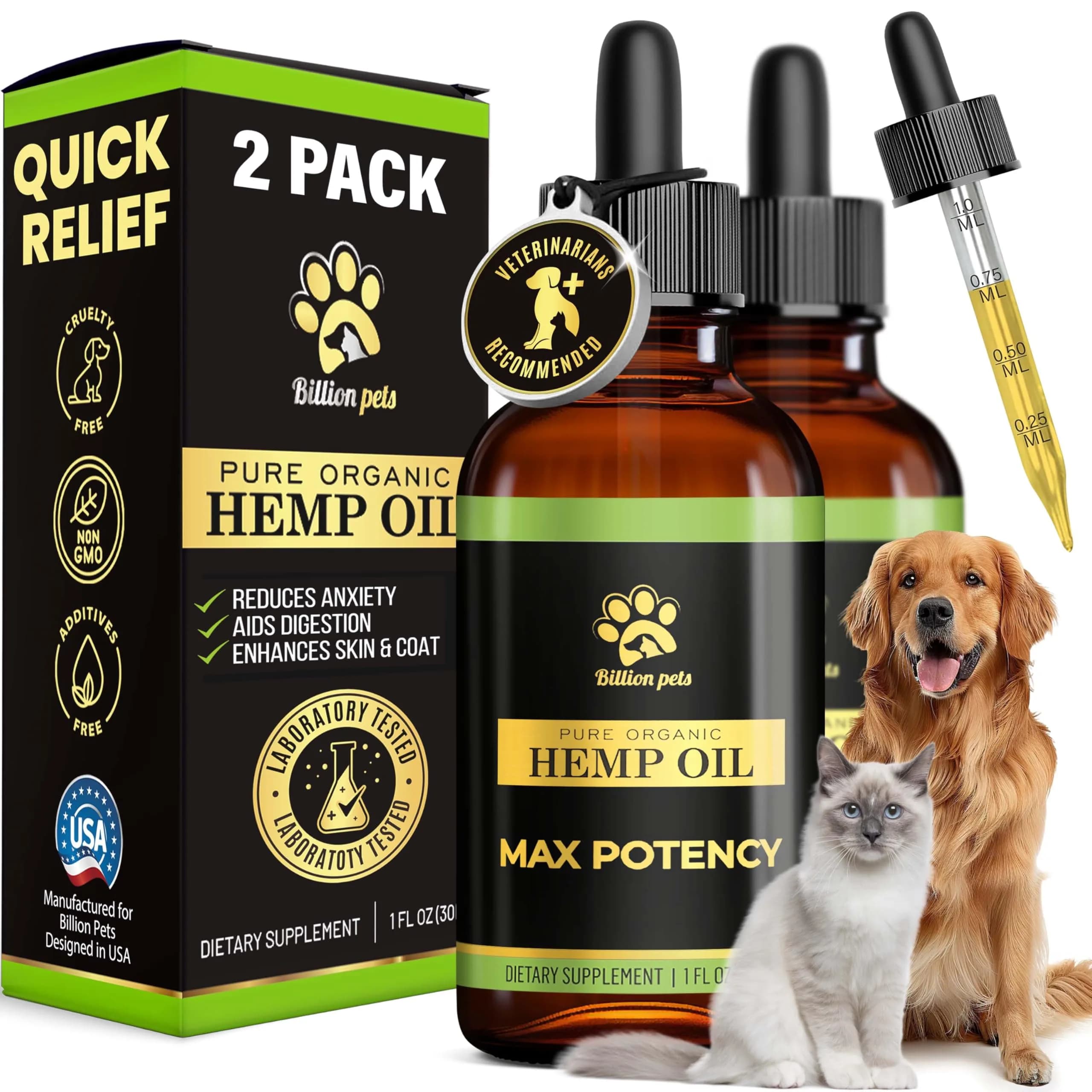 Billion Pets Hemp Oil for Dogs & Cats 2 Fl Oz | Calming, Pain & Arthritis Support — Colorless
