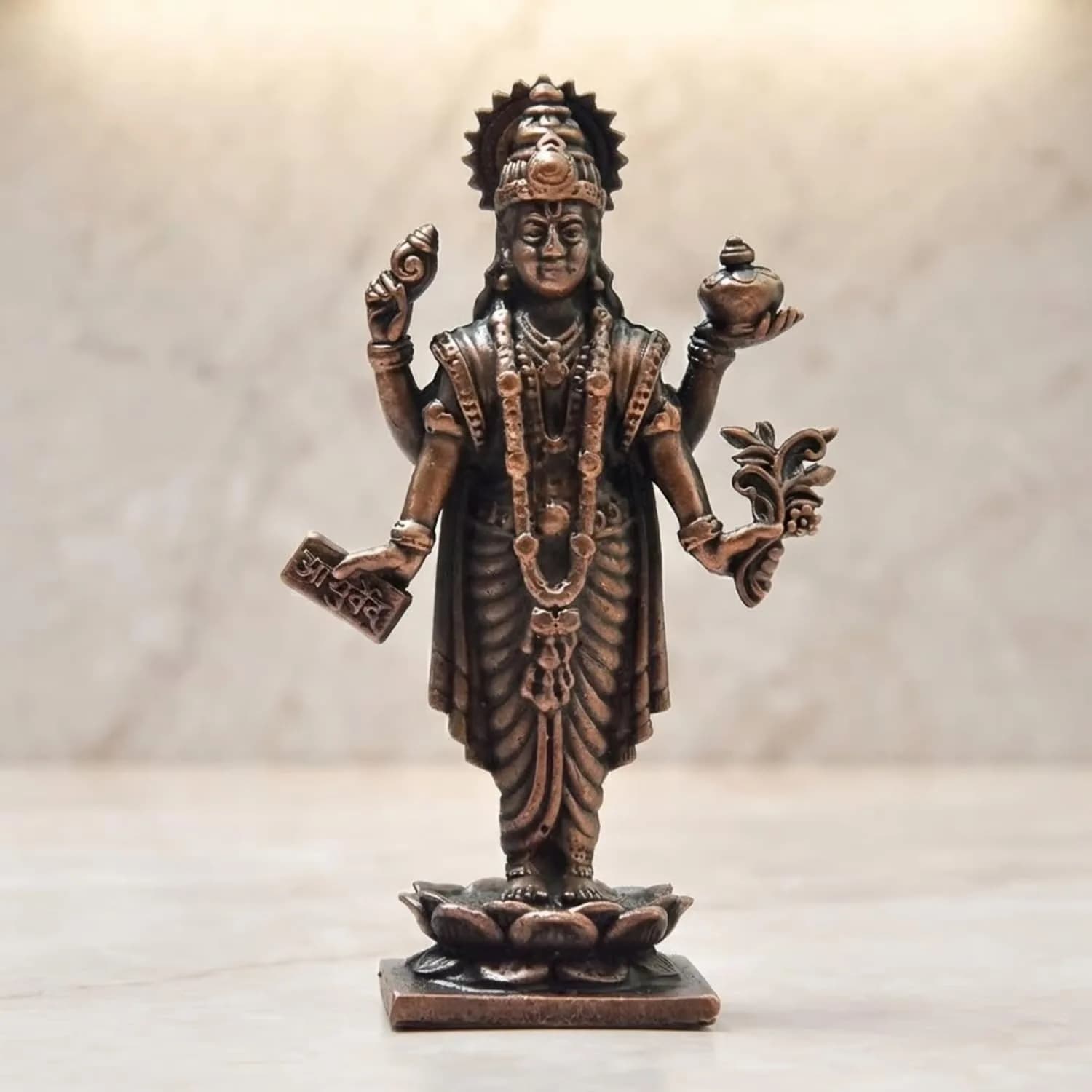 Copper Idols India Handmade Copper Dhanvantri Idol 7 cm (2.75 Inch) | Lord Dhanvantri Statue with Patina Antique Finish — Copper, Patina Antique Finish