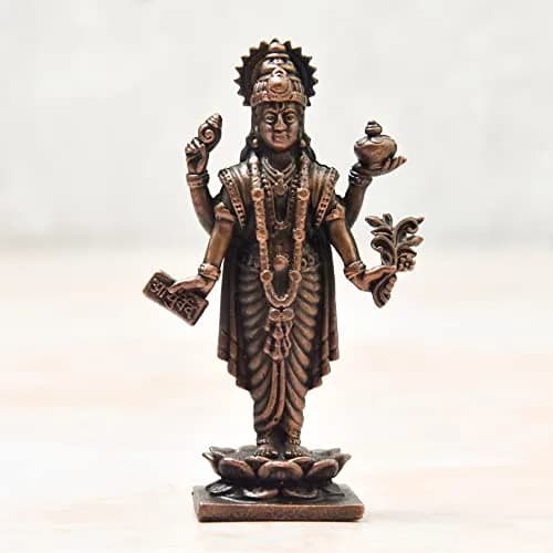 Copper Idols India Handmade Copper Dhanvantri Idol 7 cm (2.75 Inch) | Lord Dhanvantri Statue with Patina Antique Finish thumbnail 5