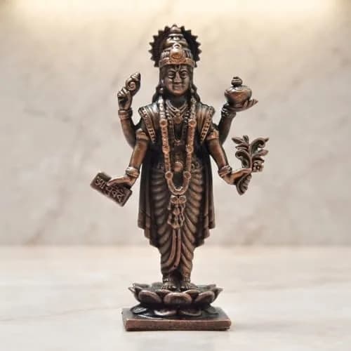 Copper Idols India Handmade Copper Dhanvantri Idol 7 cm (2.75 Inch) | Lord Dhanvantri Statue with Patina Antique Finish thumbnail 1