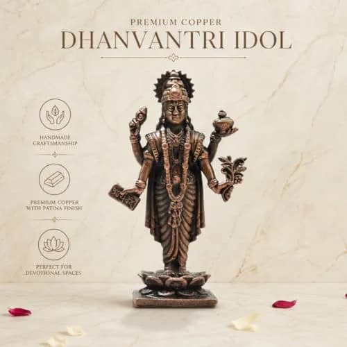Copper Idols India Handmade Copper Dhanvantri Idol 7 cm (2.75 Inch) | Lord Dhanvantri Statue with Patina Antique Finish thumbnail 2