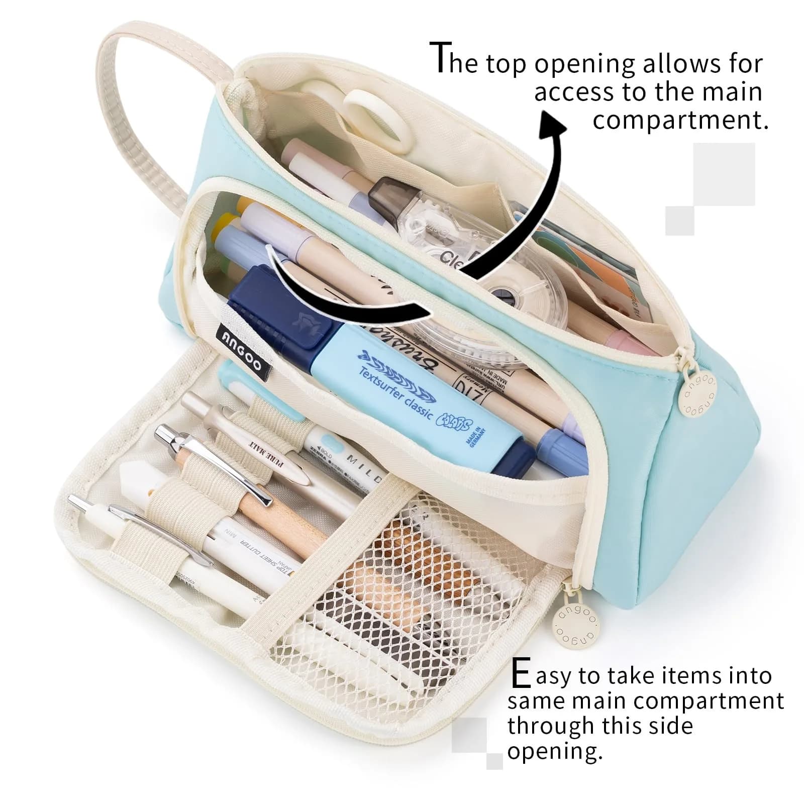 EASTHILL Large Capacity Pencil Case Organizer | Light Blue XW Polyester Stationery Pouch with Handheld Band - view 2