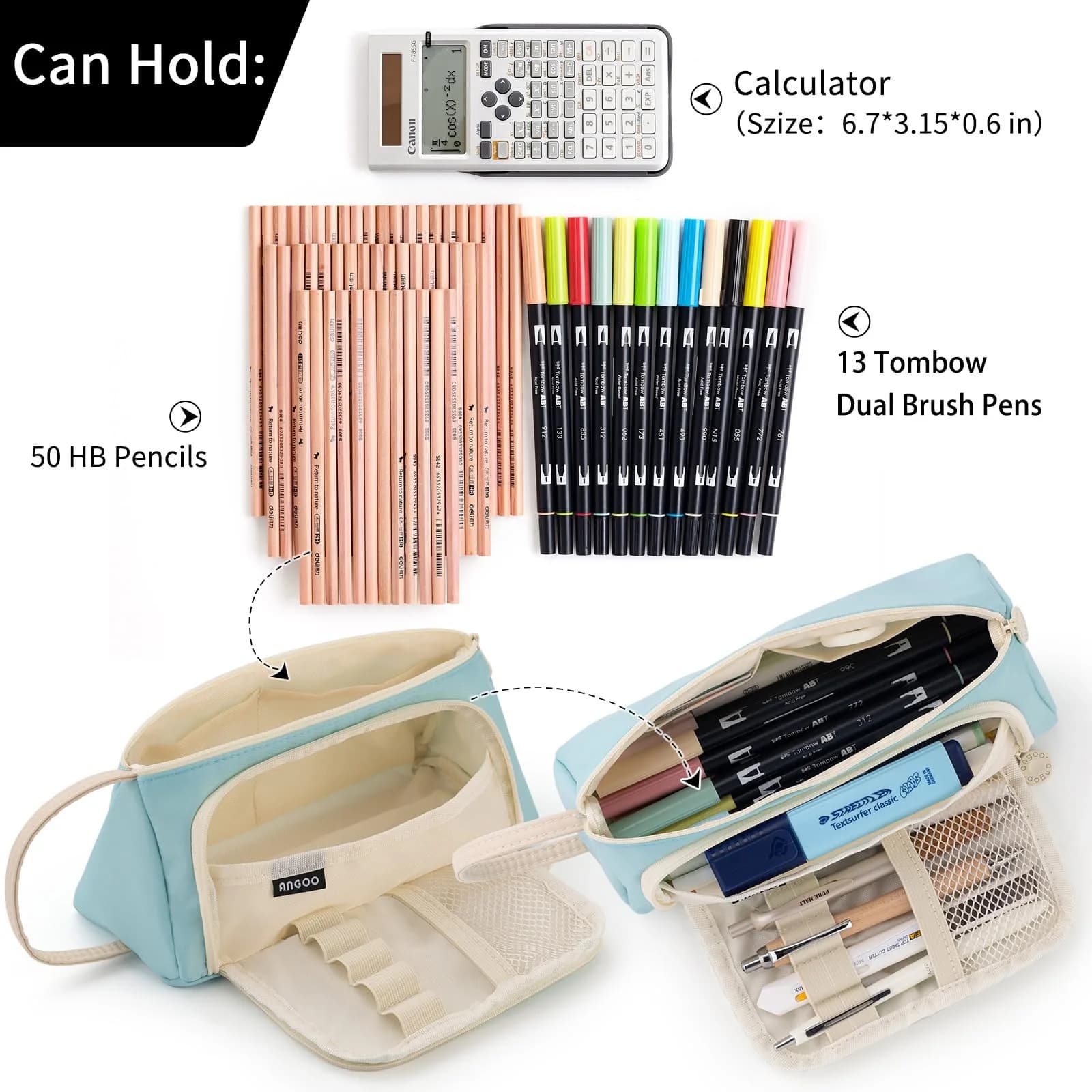 EASTHILL Large Capacity Pencil Case Organizer | Light Blue XW Polyester Stationery Pouch with Handheld Band - view 3