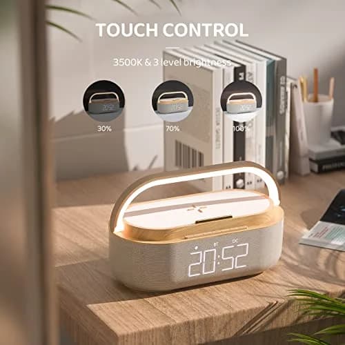 COLSUR Bluetooth Speaker Alarm Clock & Wireless Charger, Beige | 15W Fast Charging, FM Radio, 2500mAh Battery Backup thumbnail 4