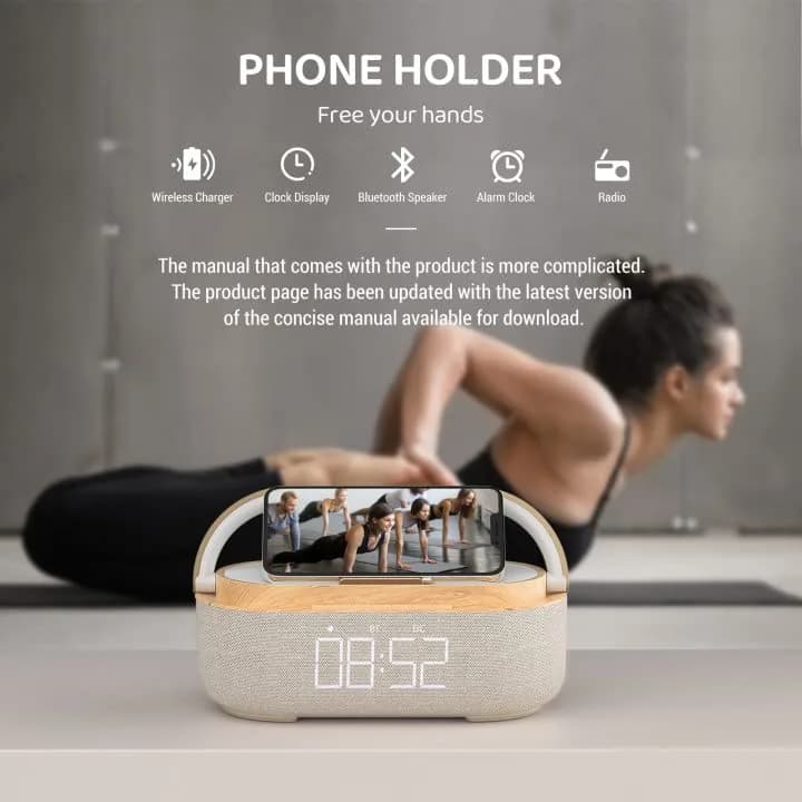COLSUR Bluetooth Speaker Alarm Clock & Wireless Charger, Beige | 15W Fast Charging, FM Radio, 2500mAh Battery Backup thumbnail 6