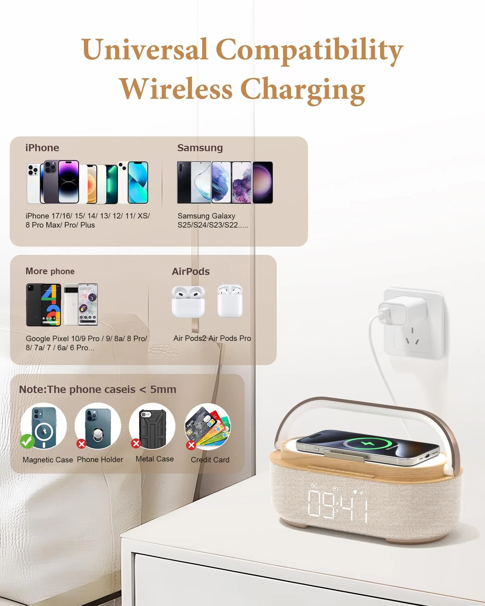 COLSUR Bluetooth Speaker Alarm Clock & Wireless Charger, Beige | 15W Fast Charging, FM Radio, 2500mAh Battery Backup - view 7