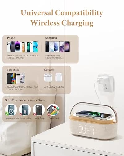 COLSUR Bluetooth Speaker Alarm Clock & Wireless Charger, Beige | 15W Fast Charging, FM Radio, 2500mAh Battery Backup thumbnail 7
