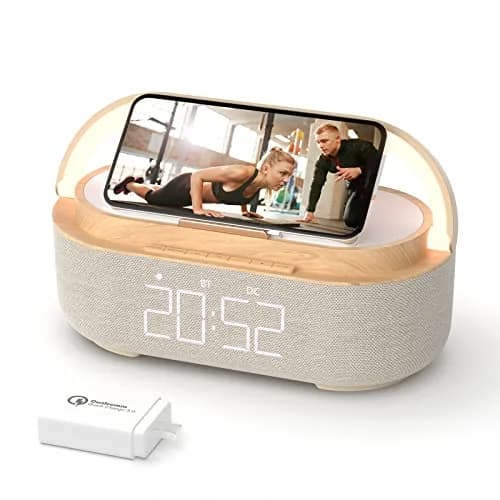 COLSUR Bluetooth Speaker Alarm Clock & Wireless Charger, Beige | 15W Fast Charging, FM Radio, 2500mAh Battery Backup thumbnail 1