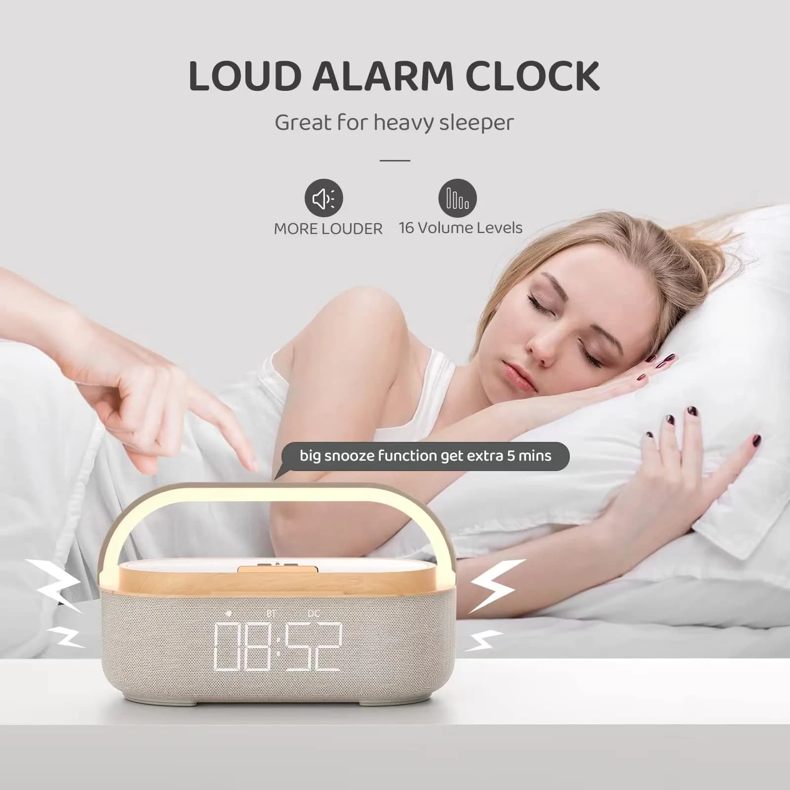COLSUR Bluetooth Speaker Alarm Clock & Wireless Charger, Beige | 15W Fast Charging, FM Radio, 2500mAh Battery Backup - view 2