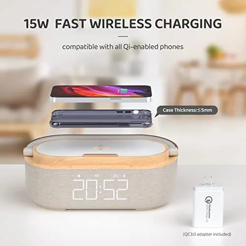 COLSUR Bluetooth Speaker Alarm Clock & Wireless Charger, Beige | 15W Fast Charging, FM Radio, 2500mAh Battery Backup thumbnail 3