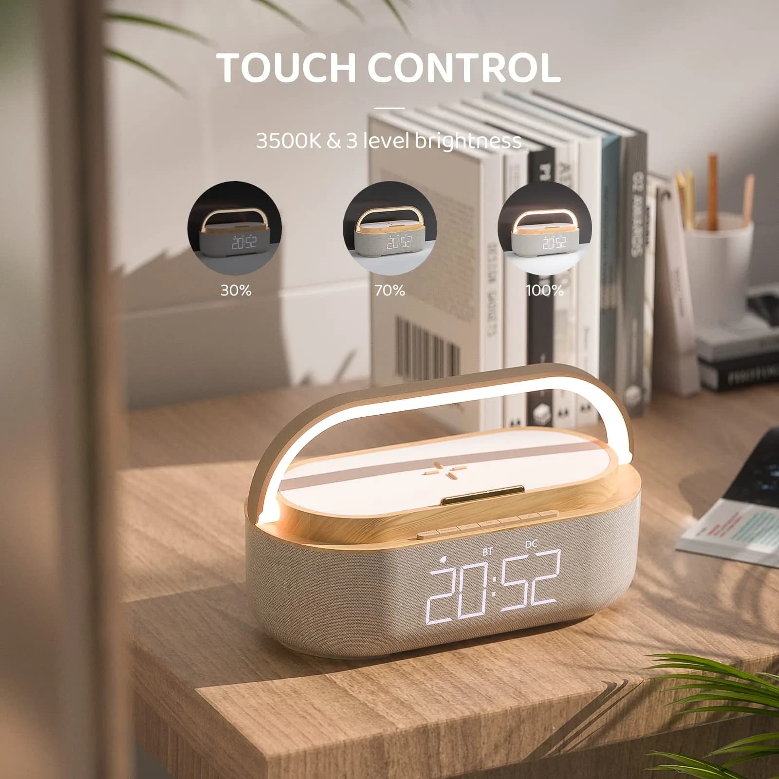 COLSUR Bluetooth Speaker Alarm Clock & Wireless Charger, Beige | 15W Fast Charging, FM Radio, 2500mAh Battery Backup - view 4