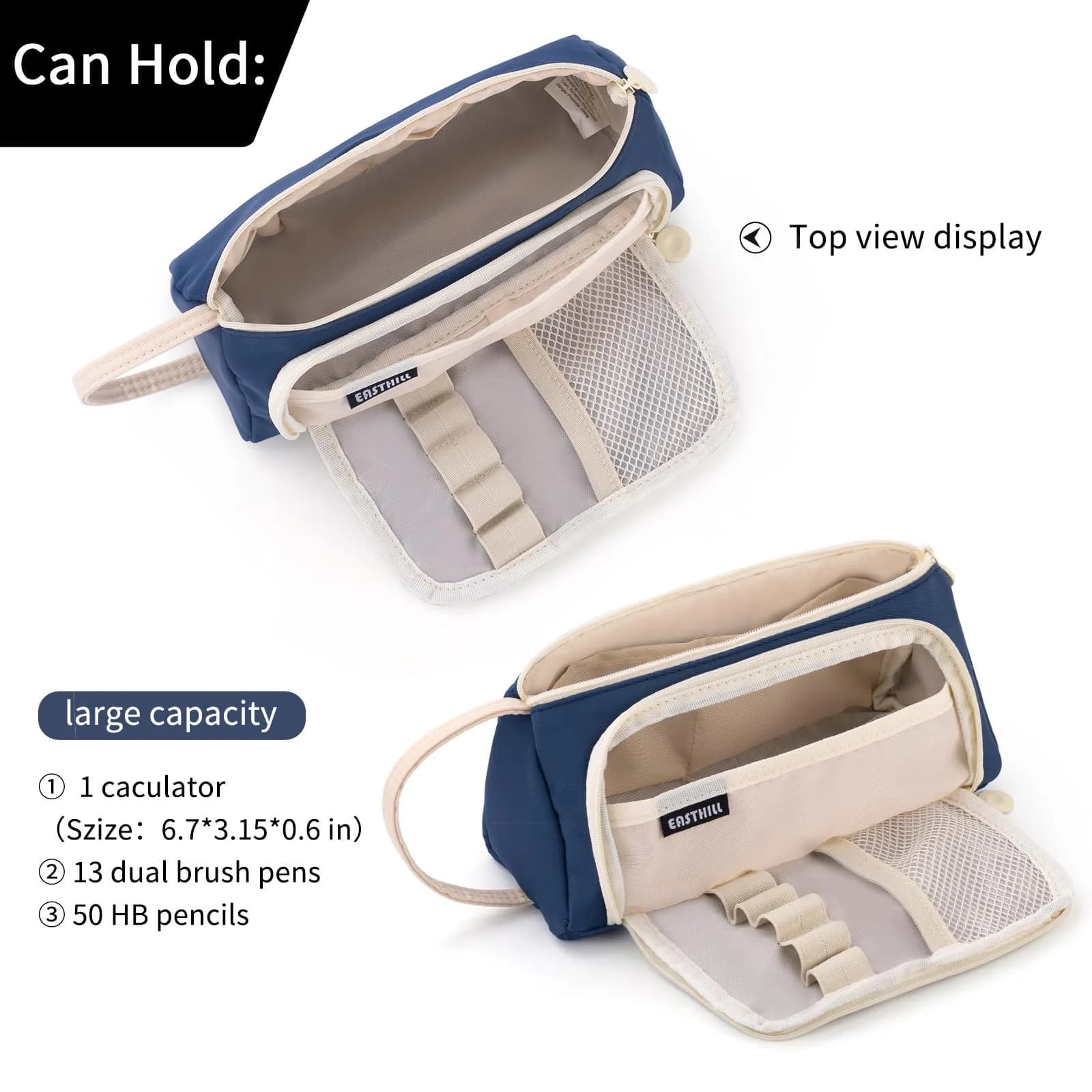 EASTHILL Large Capacity Pencil Case Organizer - Navy XW Polyester Stationery Pouch with Handheld Band - view 4