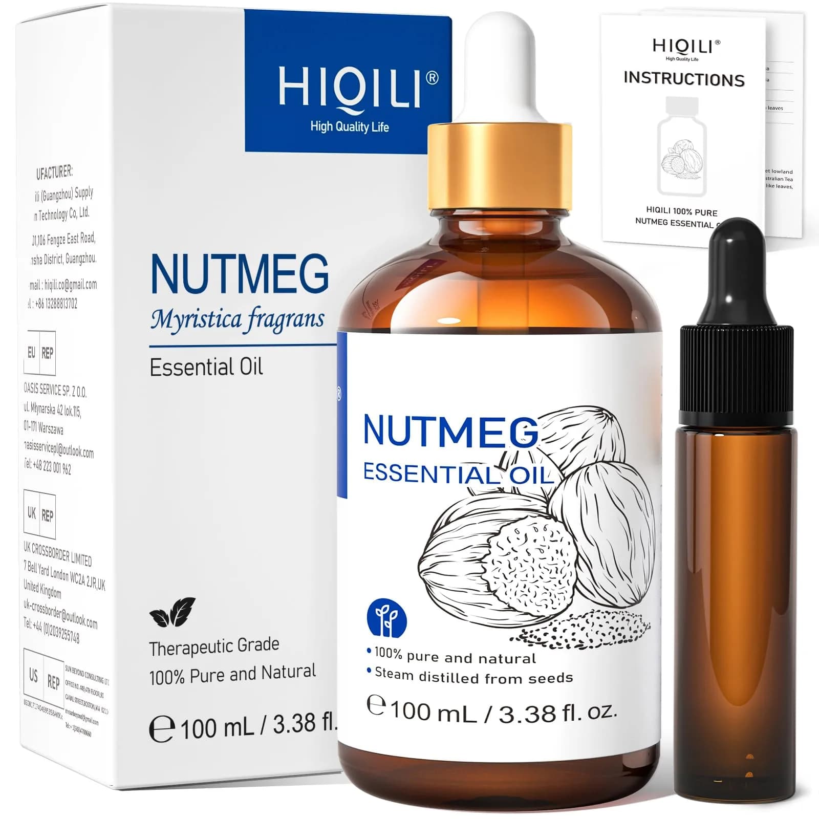 HIQILI Nutmeg Essential Oil 100ml | Pure Natural Aroma for Aromatherapy & Massage - main product image