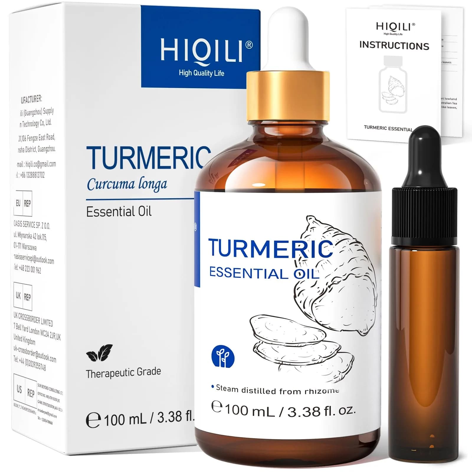 HIQILI Turmeric Essential Oil for Face & Aromatherapy, 100ml (3.38 Fl Oz) | Steam Distilled from Seed - main product image