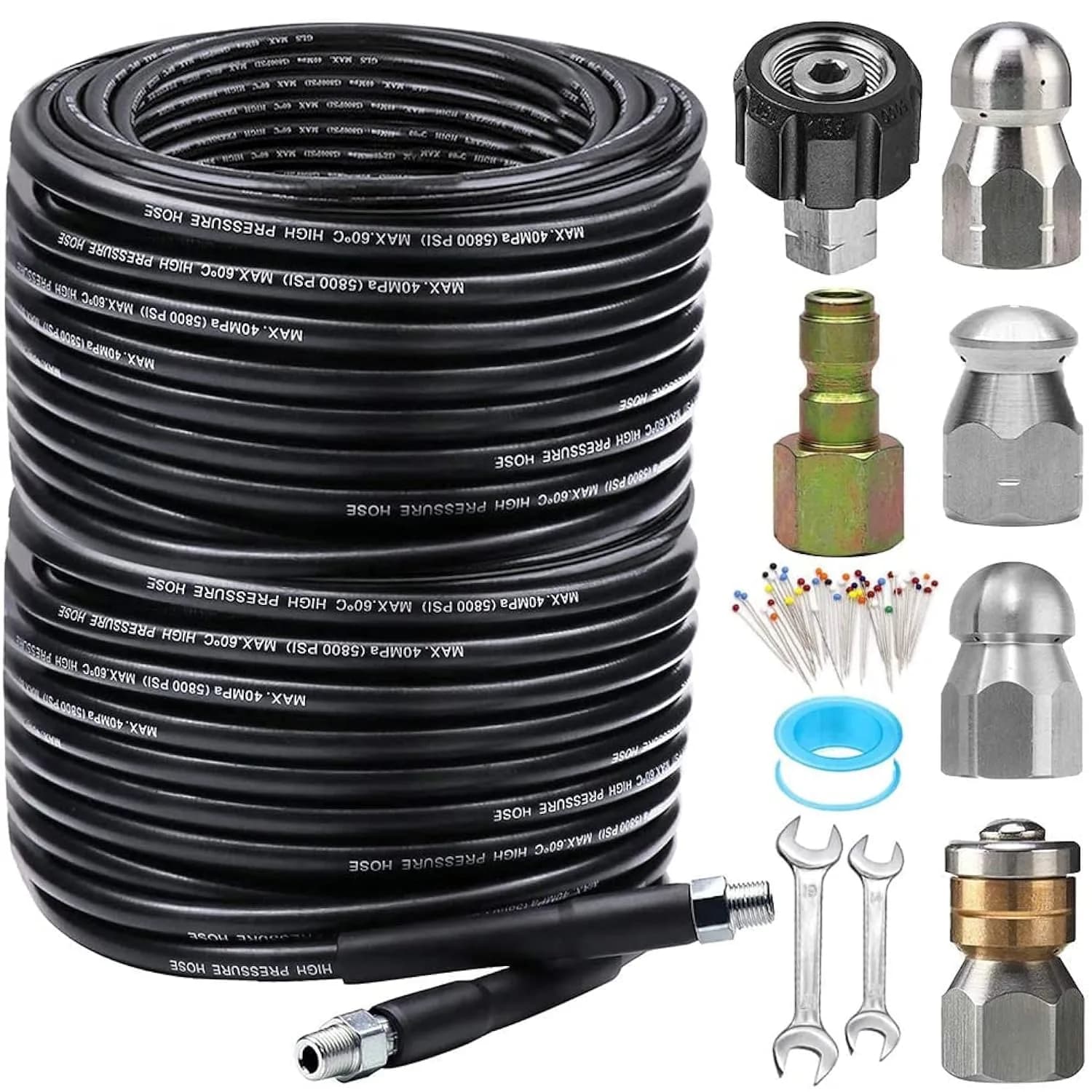 ZOFINE 200FT Sewer Jetter Kit for Pressure Washer, 5800PSI Drain Cleaner Hose with 6 Nozzles & M22/1/4" Fittings | Clears Clogs Fast — 200FT