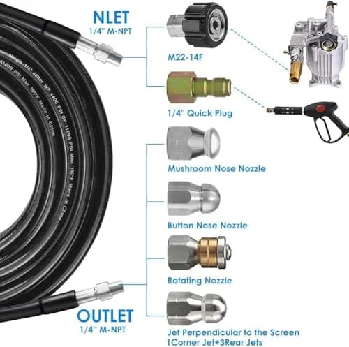 ZOFINE 200FT Sewer Jetter Kit for Pressure Washer, 5800PSI Drain Cleaner Hose with 6 Nozzles & M22/1/4" Fittings | Clears Clogs Fast thumbnail 4