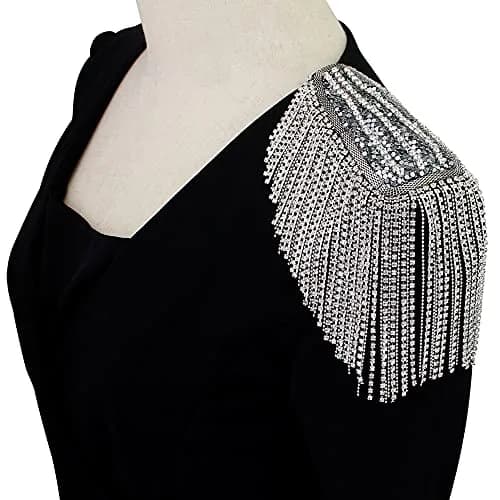 SXMFFHCG Beaded Crystal Shoulder Patches Motifs Fringe Tassel Epaulets Shoulder Brooches 2 Pieces (Silver B) thumbnail 1