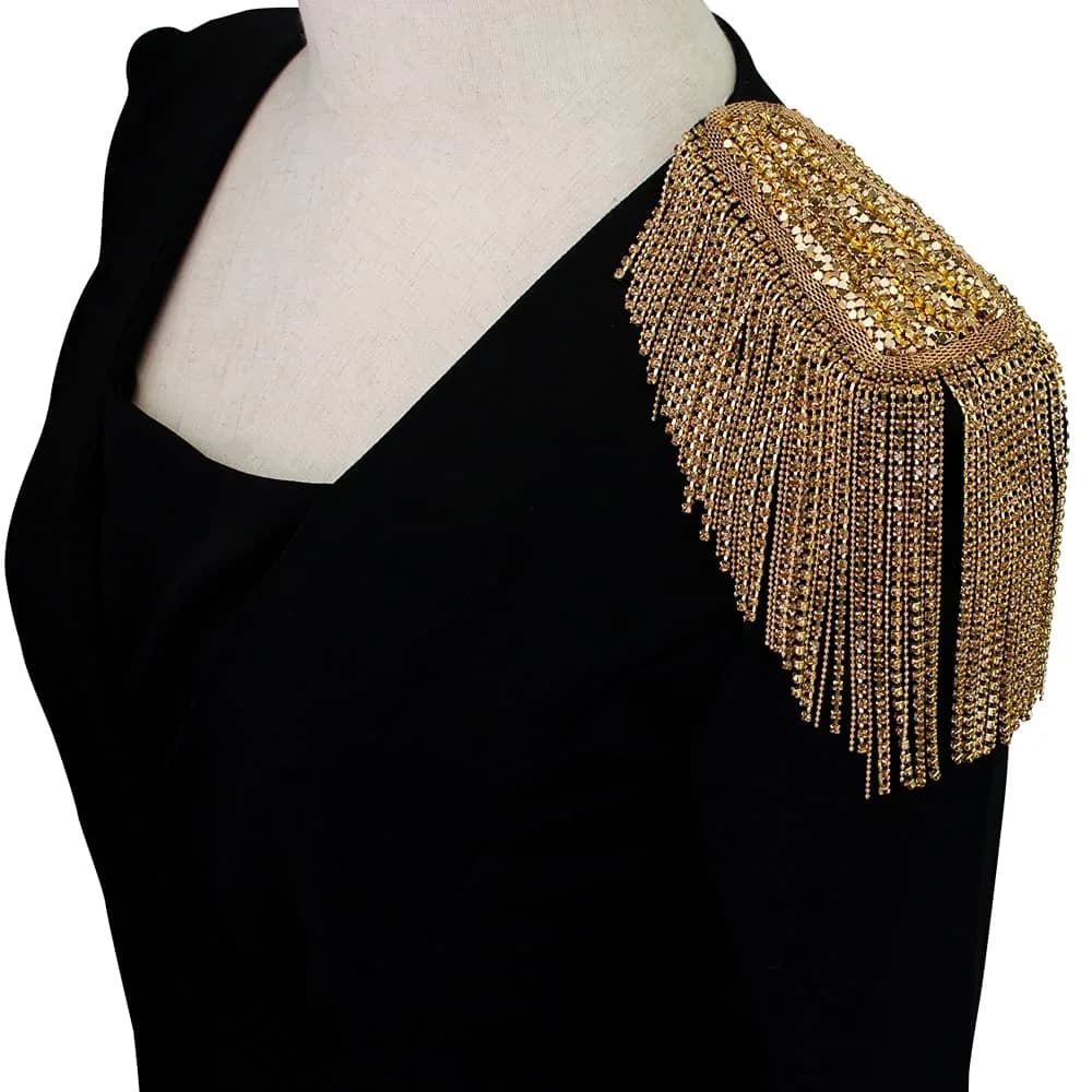 SXMFFHCG Beaded Crystal Shoulder Patches Motifs Fringe Tassel Epaulets Shoulder Brooches 2 Pieces (Black) — Gold B