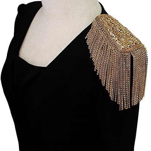 SXMFFHCG Beaded Crystal Shoulder Patches Motifs Fringe Tassel Epaulets Shoulder Brooches 2 Pieces (Gold B) thumbnail 1