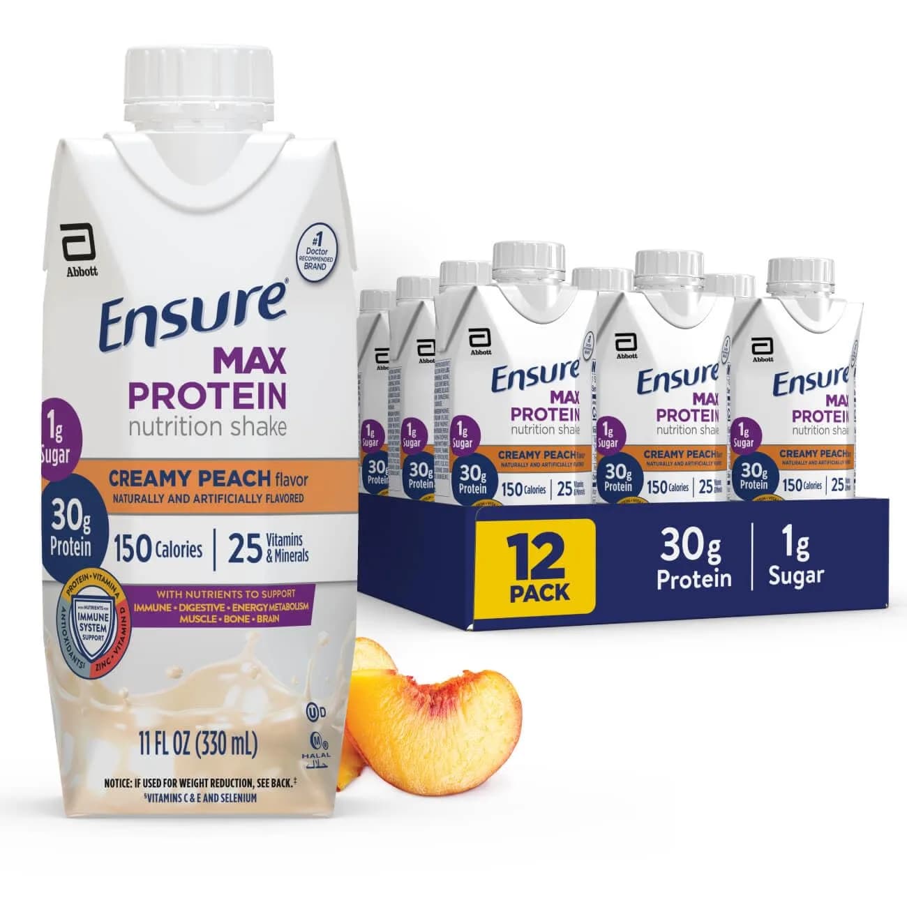 Ensure Max Protein Creamy Peach Shake 30g | High Protein, 12 Pack, Gluten-Free, Lactose-Free, 11 Fl Oz - main product image