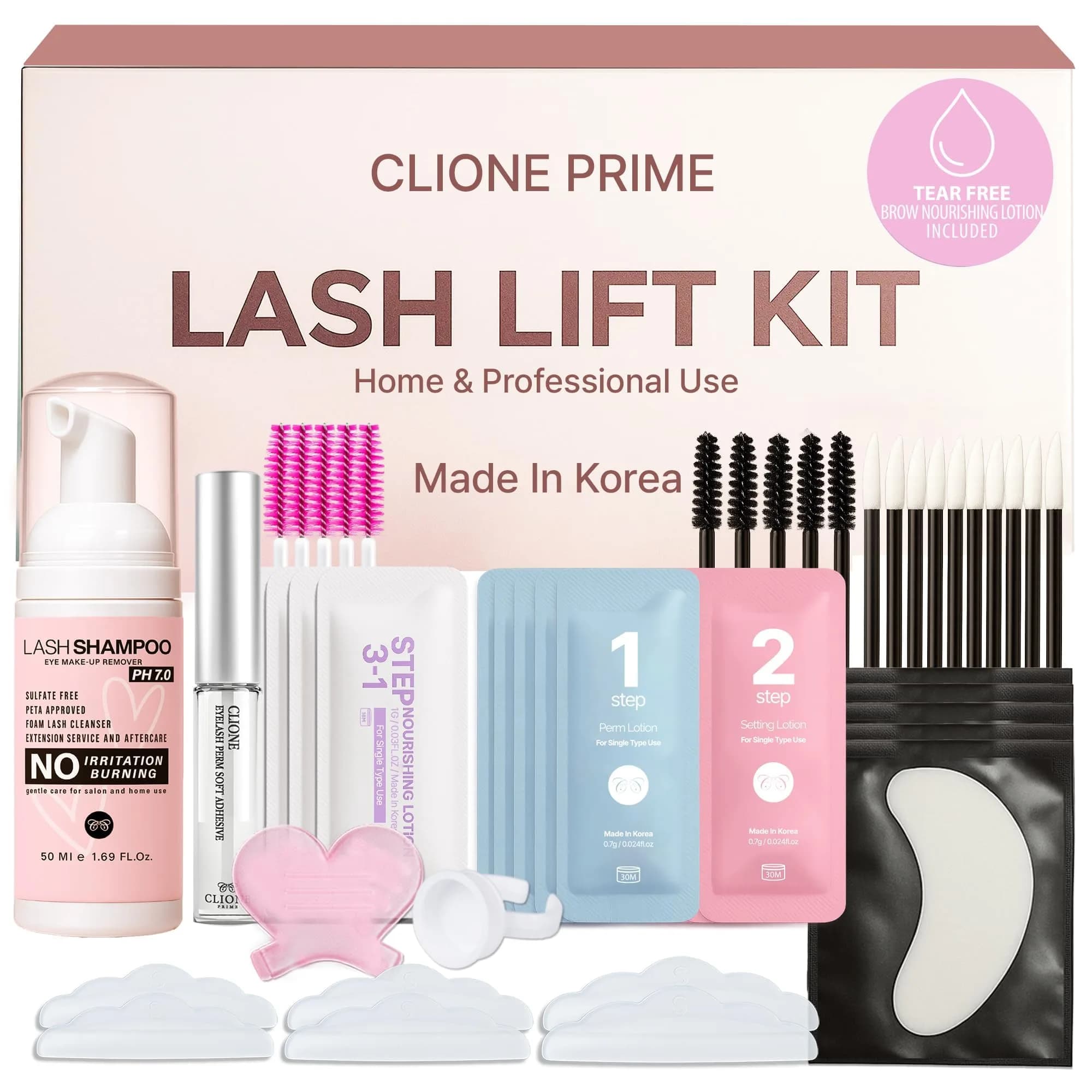 CLIONE PRIME Korean Lash Lift Kit - Eyelash Perm Kit for Eyebrow Lamination & Natural Curl | 5ml Glue, 3 Sizes Rods — Pink