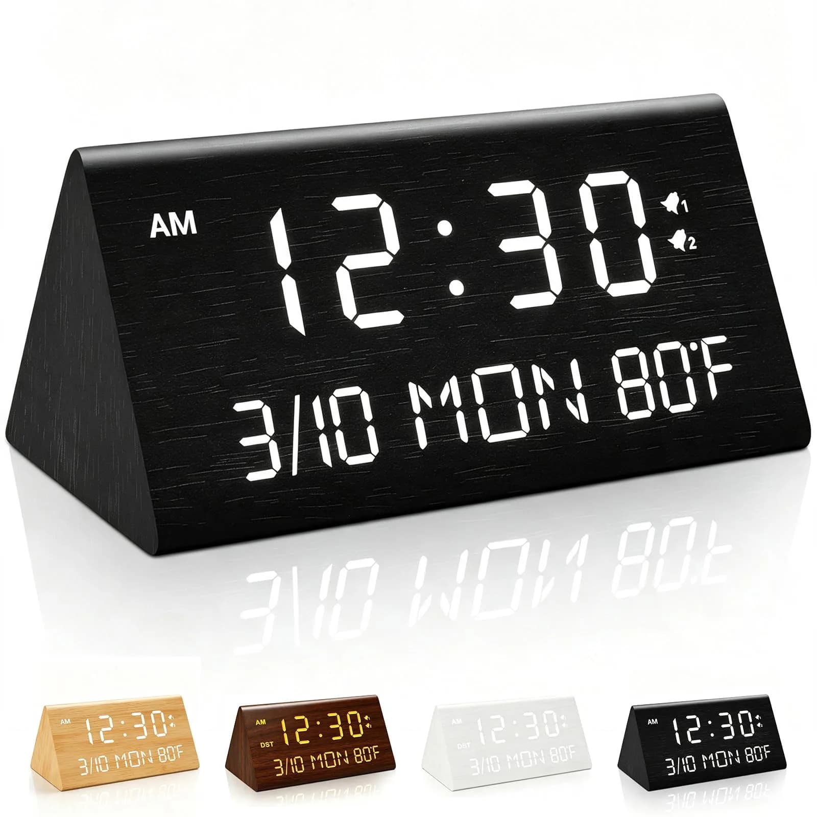 Kogonee Wooden Digital Alarm Clock with Dual USB Ports, Dimmable LED Display, Date, Day, Temp | 15.2 cm (6 Inch) Black - main product image