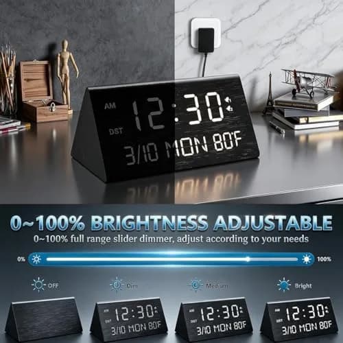 Kogonee Wooden Digital Alarm Clock with Dual USB Ports, Dimmable LED Display, Date, Day, Temp | 15.2 cm (6 Inch) Black thumbnail 4