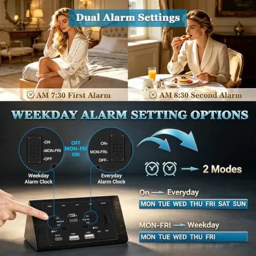 Kogonee Wooden Digital Alarm Clock with Dual USB Ports, Dimmable LED Display, Date, Day, Temp | 15.2 cm (6 Inch) Black thumbnail 5