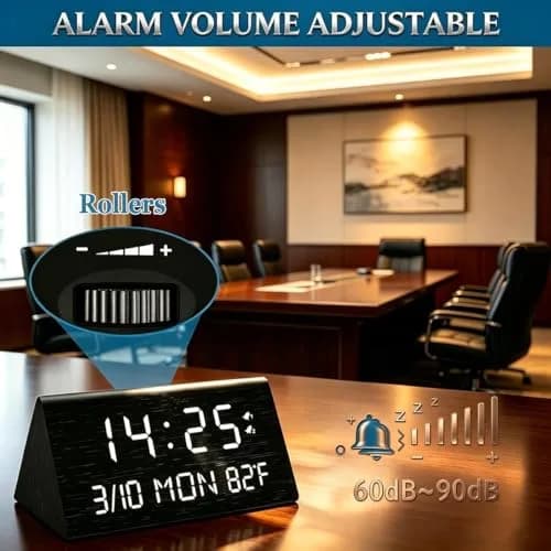 Kogonee Wooden Digital Alarm Clock with Dual USB Ports, Dimmable LED Display, Date, Day, Temp | 15.2 cm (6 Inch) Black thumbnail 6