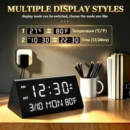 Kogonee Wooden Digital Alarm Clock with Dual USB Ports, Dimmable LED Display, Date, Day, Temp | 15.2 cm (6 Inch) Black thumbnail 7