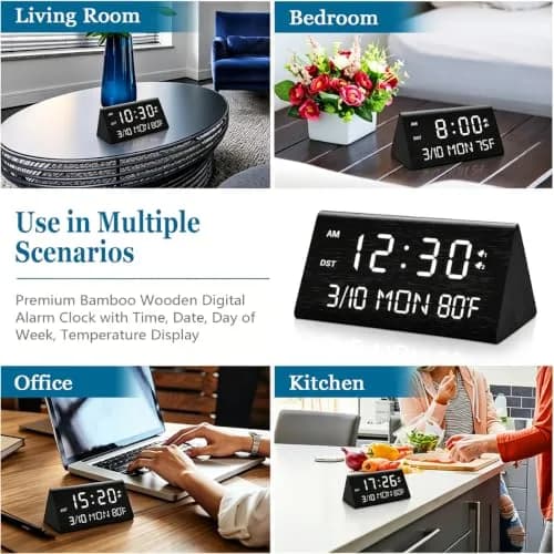 Kogonee Wooden Digital Alarm Clock with Dual USB Ports, Dimmable LED Display, Date, Day, Temp | 15.2 cm (6 Inch) Black thumbnail 9